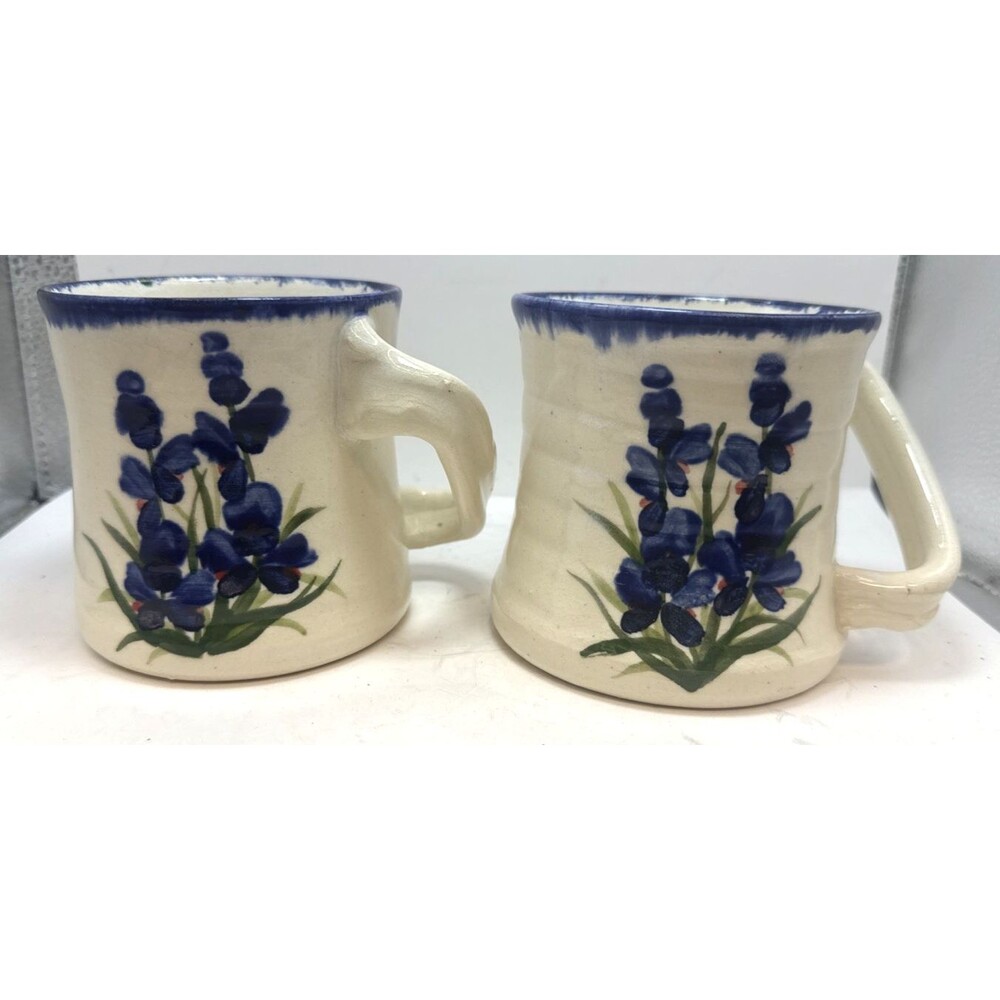 2 Studio Art Pottery Coffee Tea Cup Mugs blue Bonnets signed By Artist